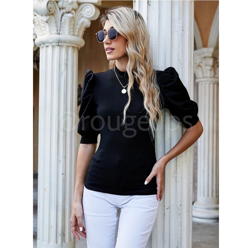 Black Rib Knit Puff Sleeve Shirt Slim Fit